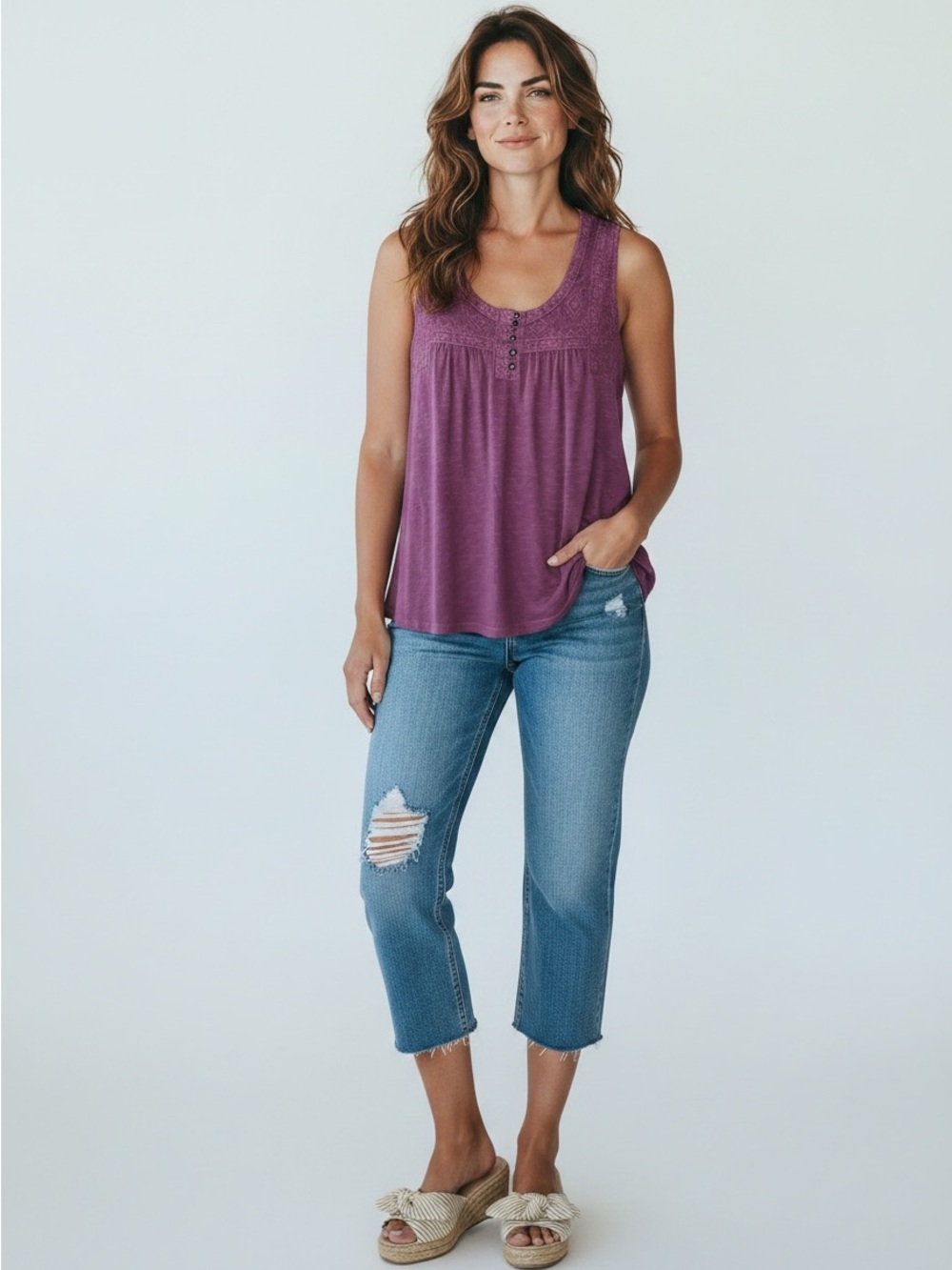 Lucky Brand Purple Scoop Neck Crochet Tank Top
